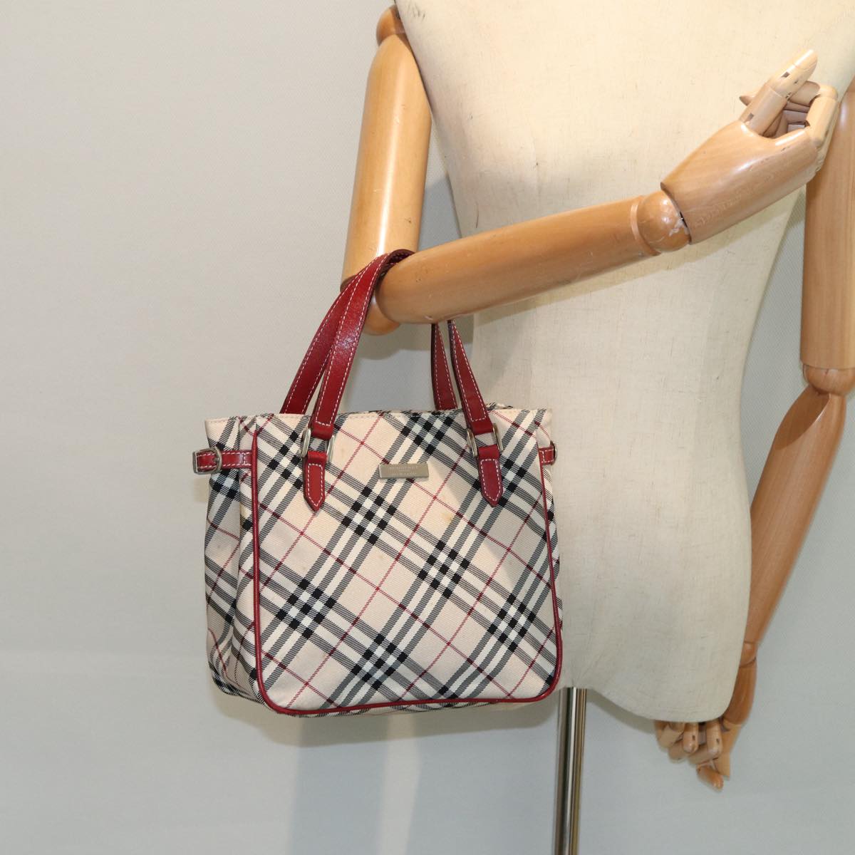 BURBERRY Nova Check Blue Label Hand Bag Nylon Beige Red Silver Auth ti1914