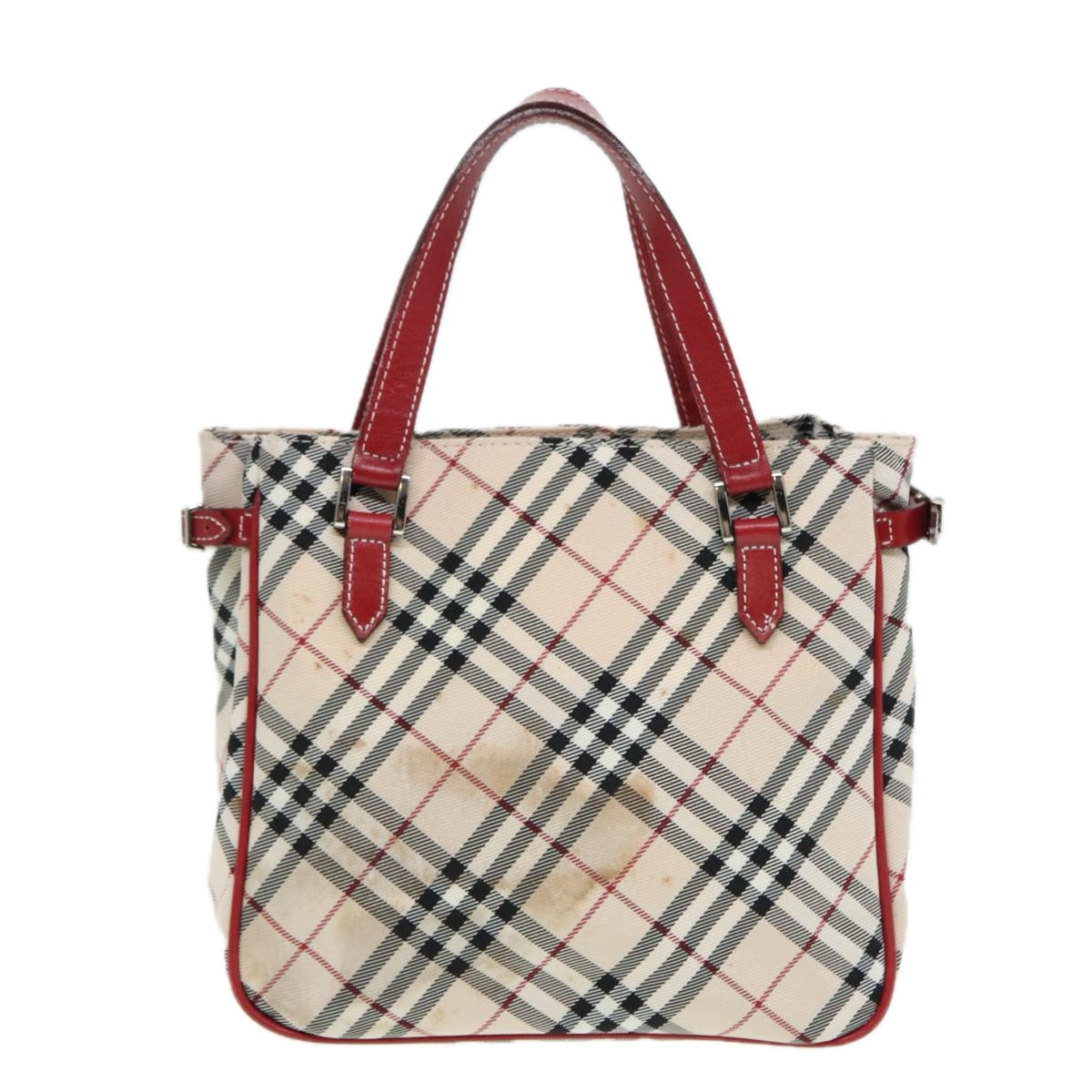 BURBERRY Nova Check Blue Label Hand Bag Nylon Beige Red Silver Auth ti1914