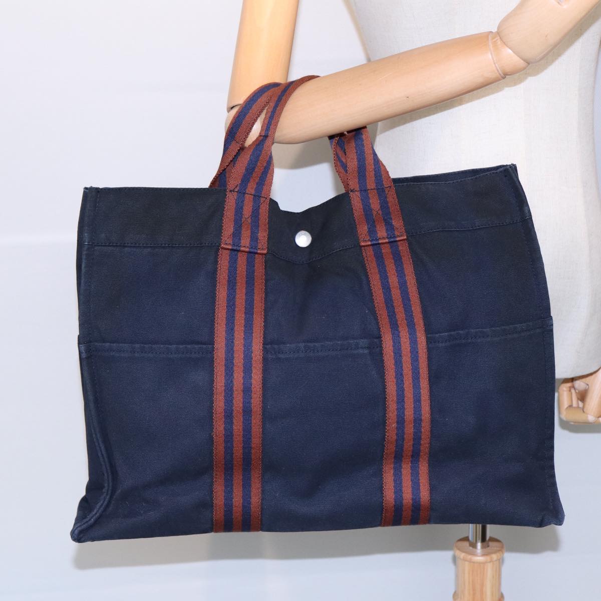 HERMES Fourre Tout MM Tote Bag Canvas Navy Silver Auth ti1917