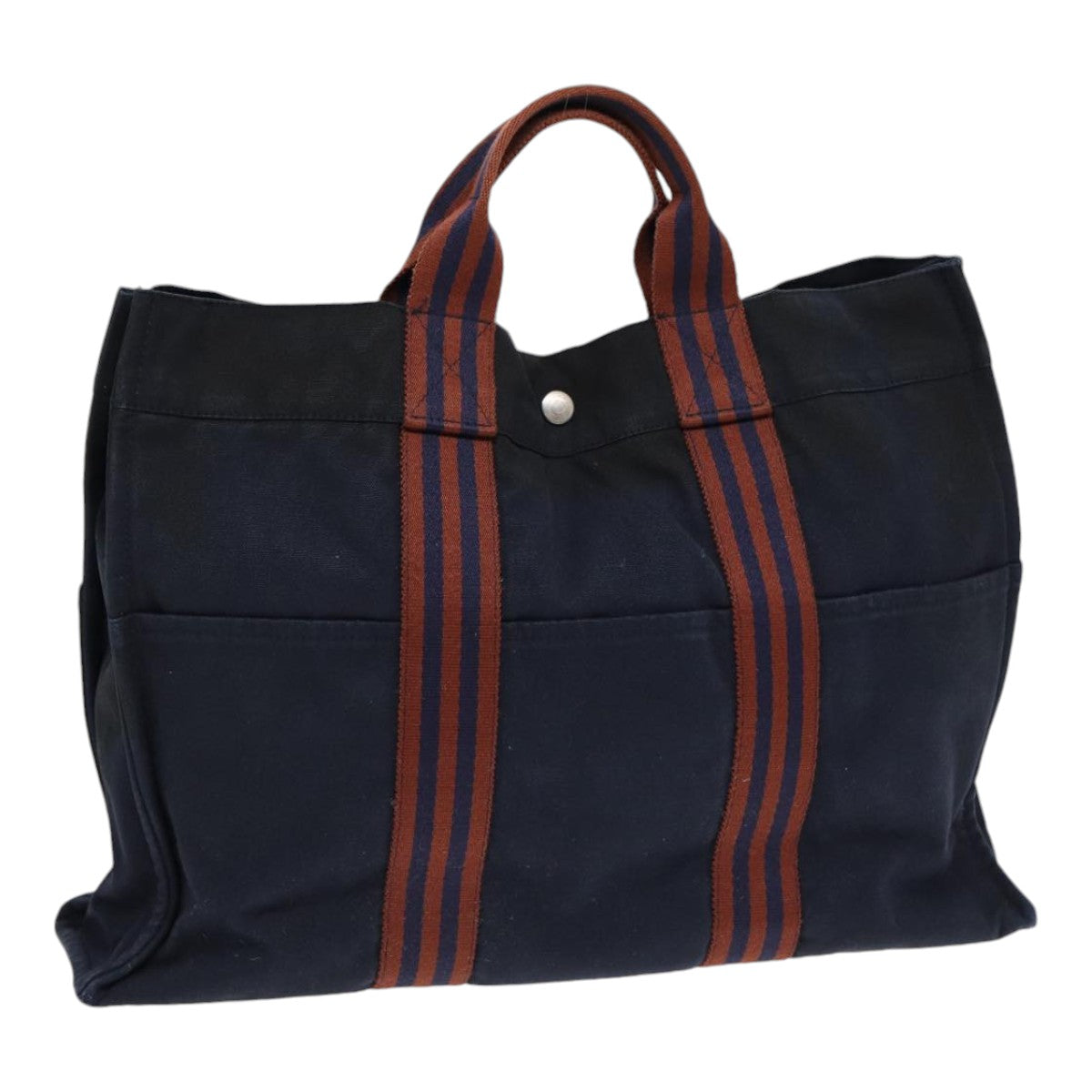 HERMES Fourre Tout MM Tote Bag Canvas Navy Silver Auth ti1917