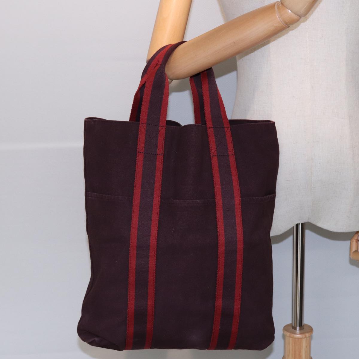 HERMES Fourre Tout Cabas Tote Bag Canvas Bordeaux Auth ti1919