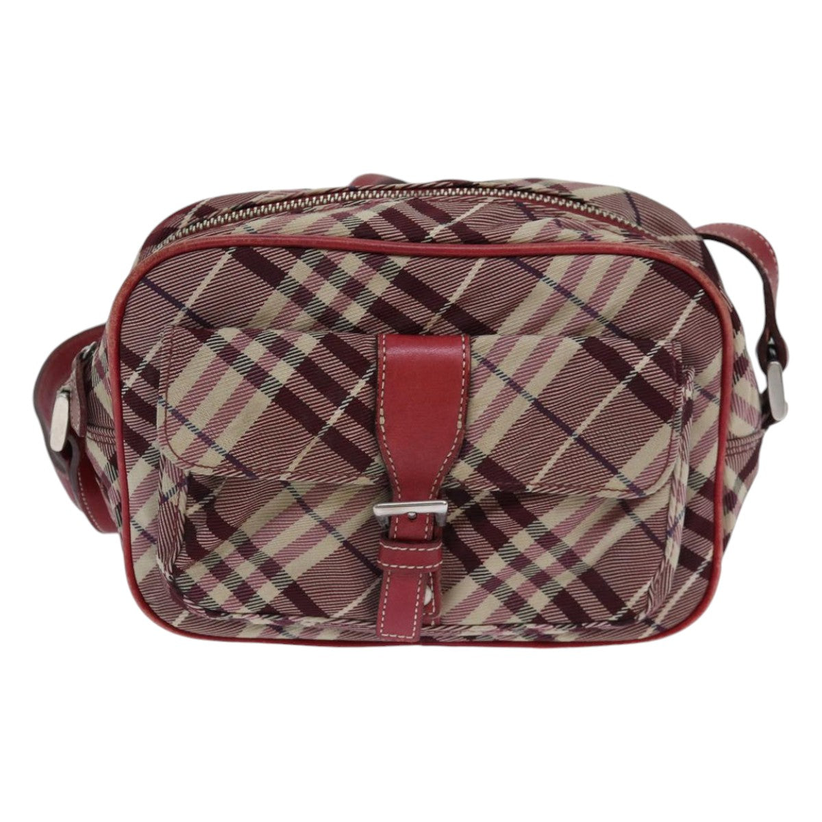 BURBERRY Nova Check Blue Label Shoulder Bag Red Silver Auth ti1923