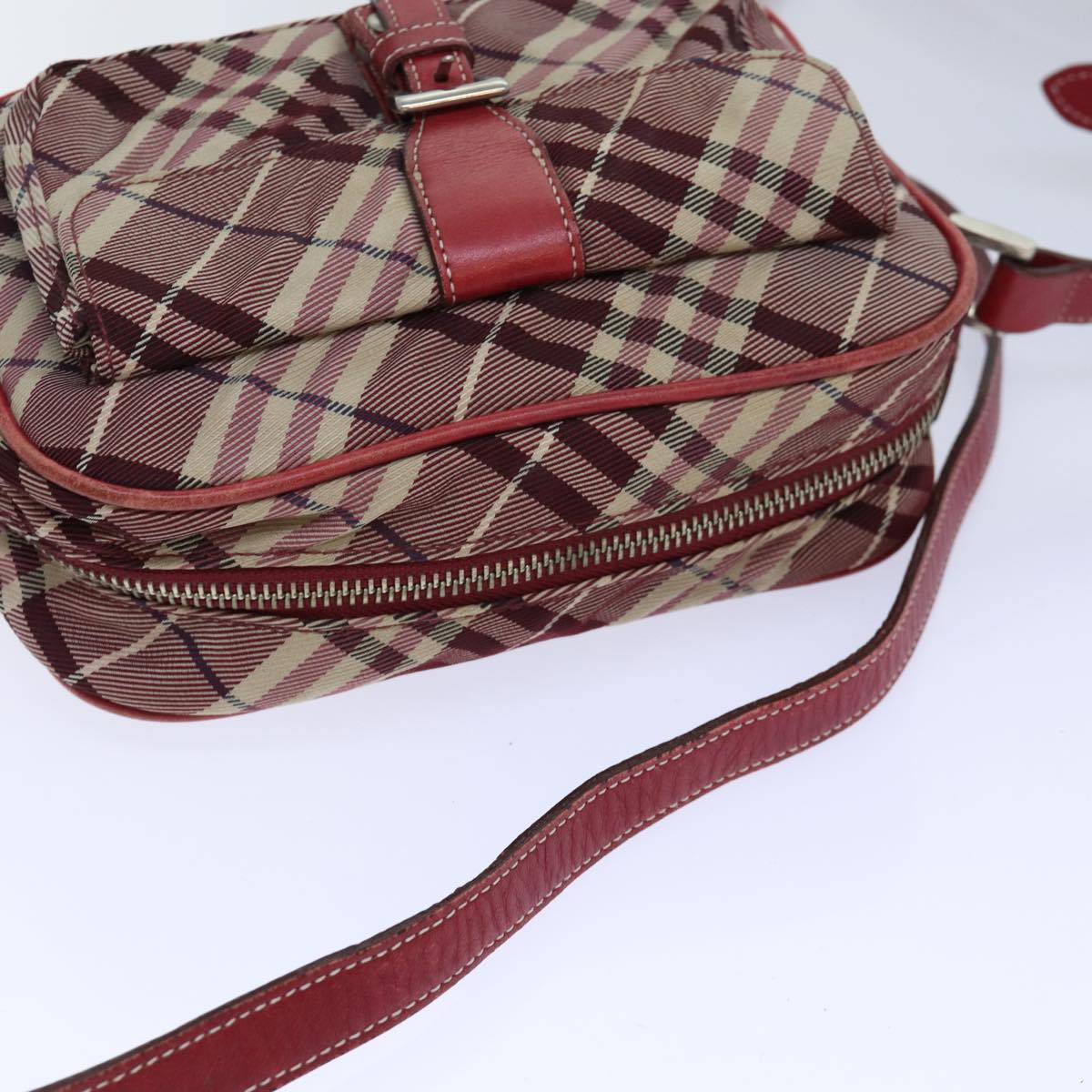 BURBERRY Nova Check Blue Label Shoulder Bag Red Silver Auth ti1923