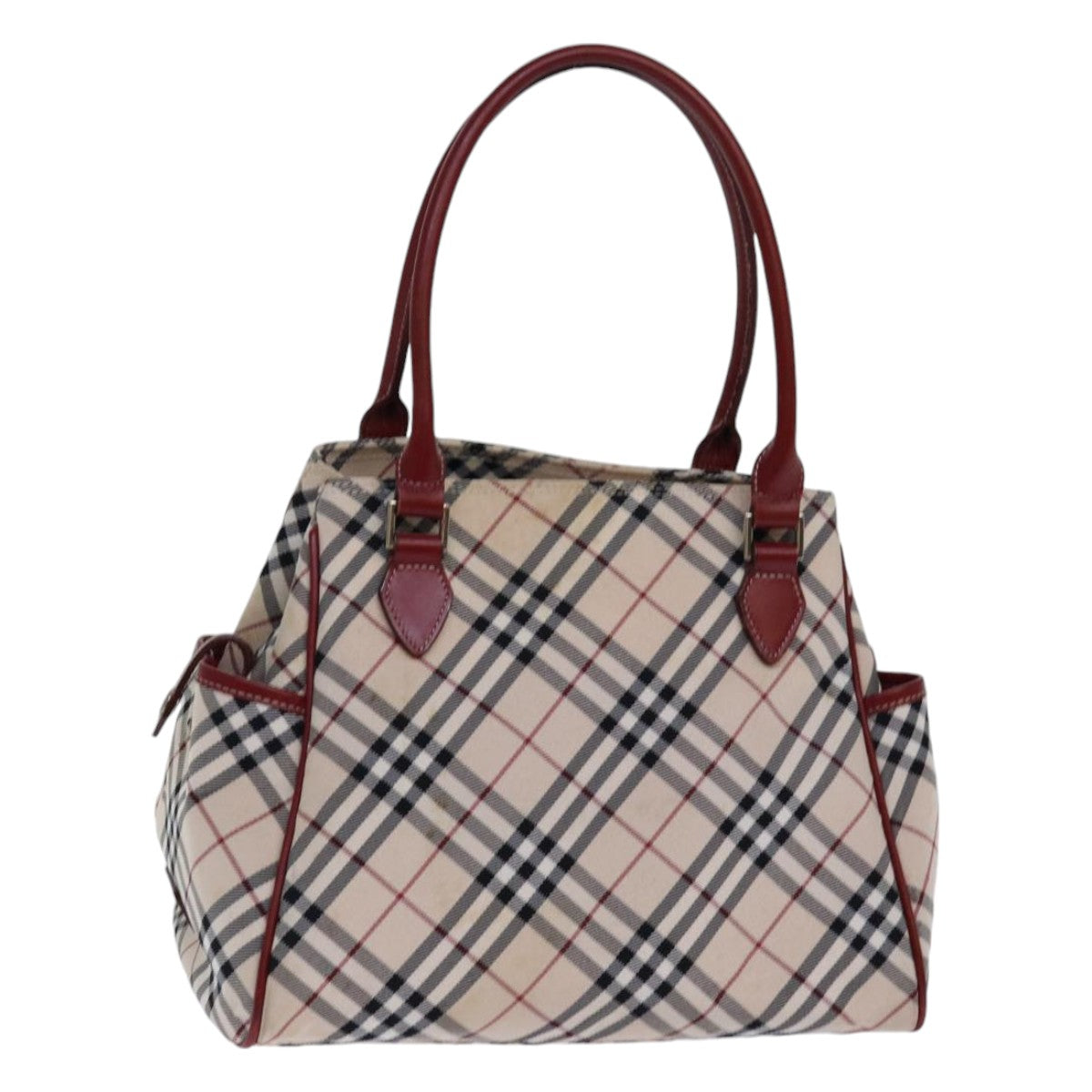 BURBERRY Nova Check Blue Label Hand Bag Nylon Beige Red Silver Auth ti1926