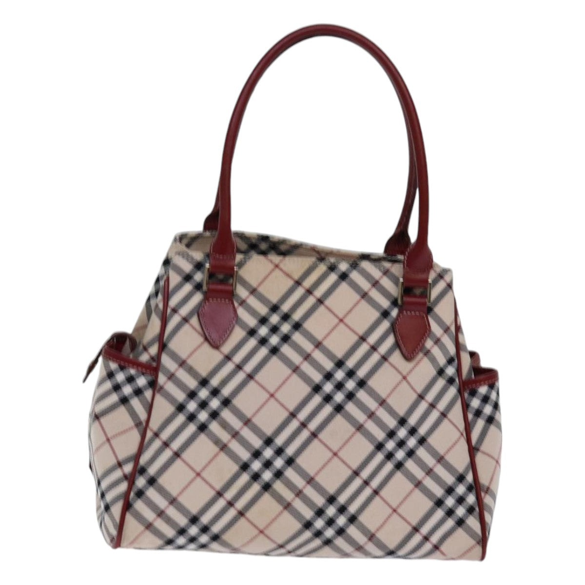 BURBERRY Nova Check Blue Label Hand Bag Nylon Beige Red Silver Auth ti1926