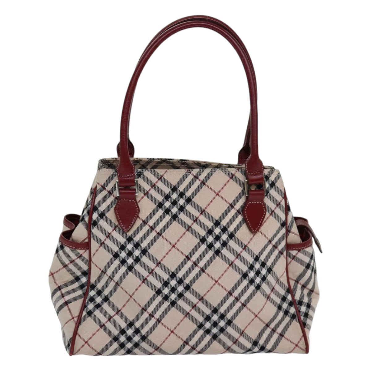 BURBERRY Nova Check Blue Label Hand Bag Nylon Beige Red Silver Auth ti1926 - 0