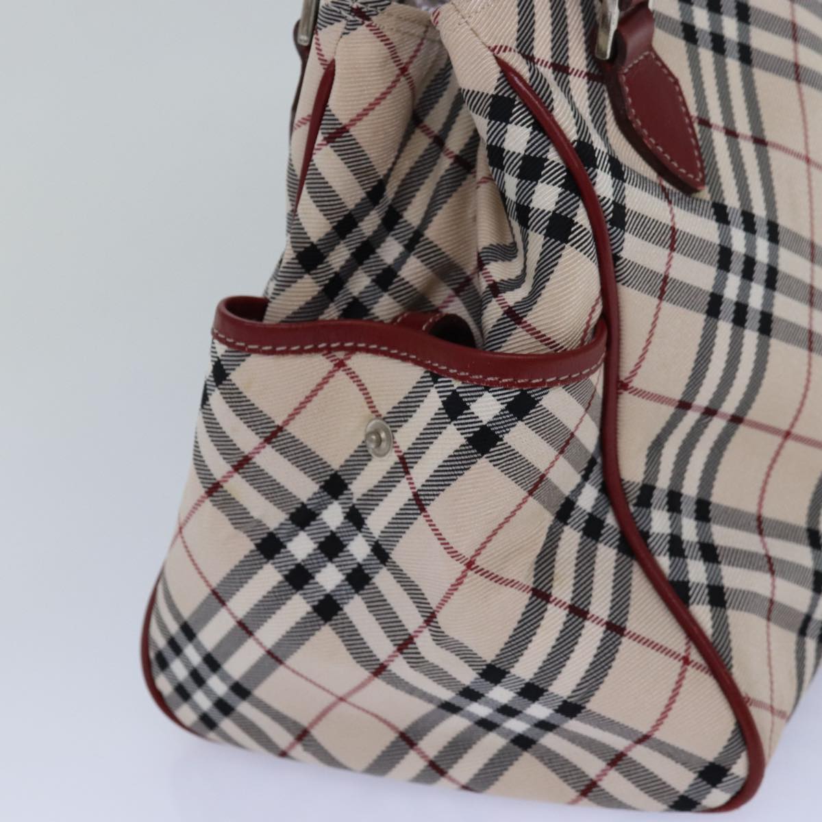 BURBERRY Nova Check Blue Label Hand Bag Nylon Beige Red Silver Auth ti1926