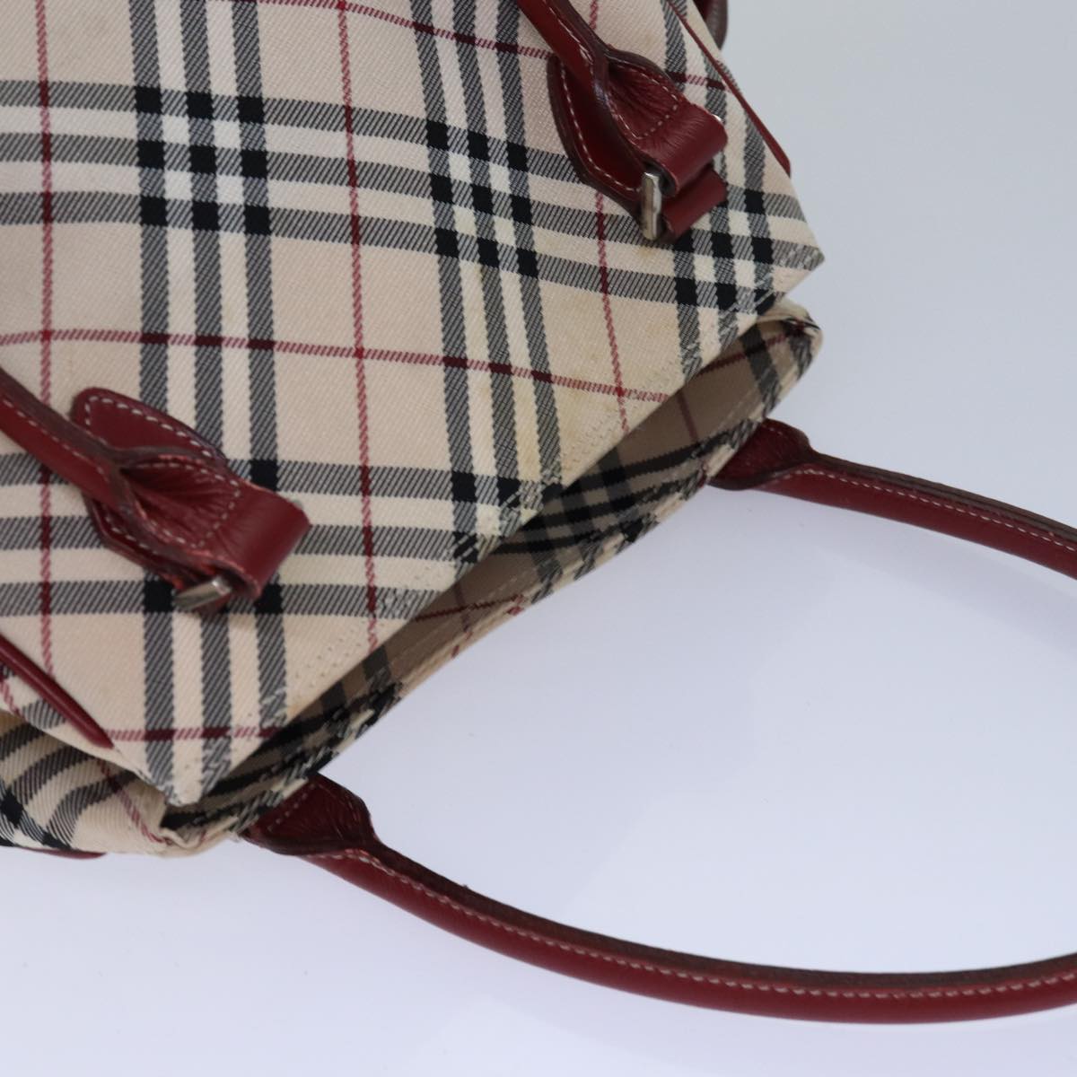 BURBERRY Nova Check Blue Label Hand Bag Nylon Beige Red Silver Auth ti1926