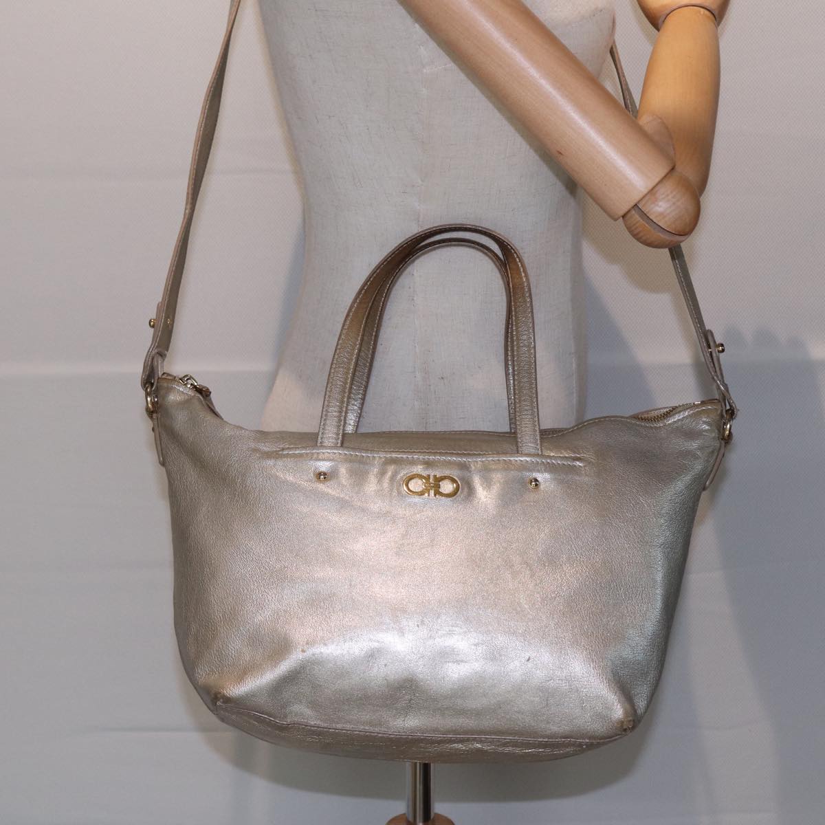 Salvatore Ferragamo Hand Bag Leather 2way Gold Auth ti1935