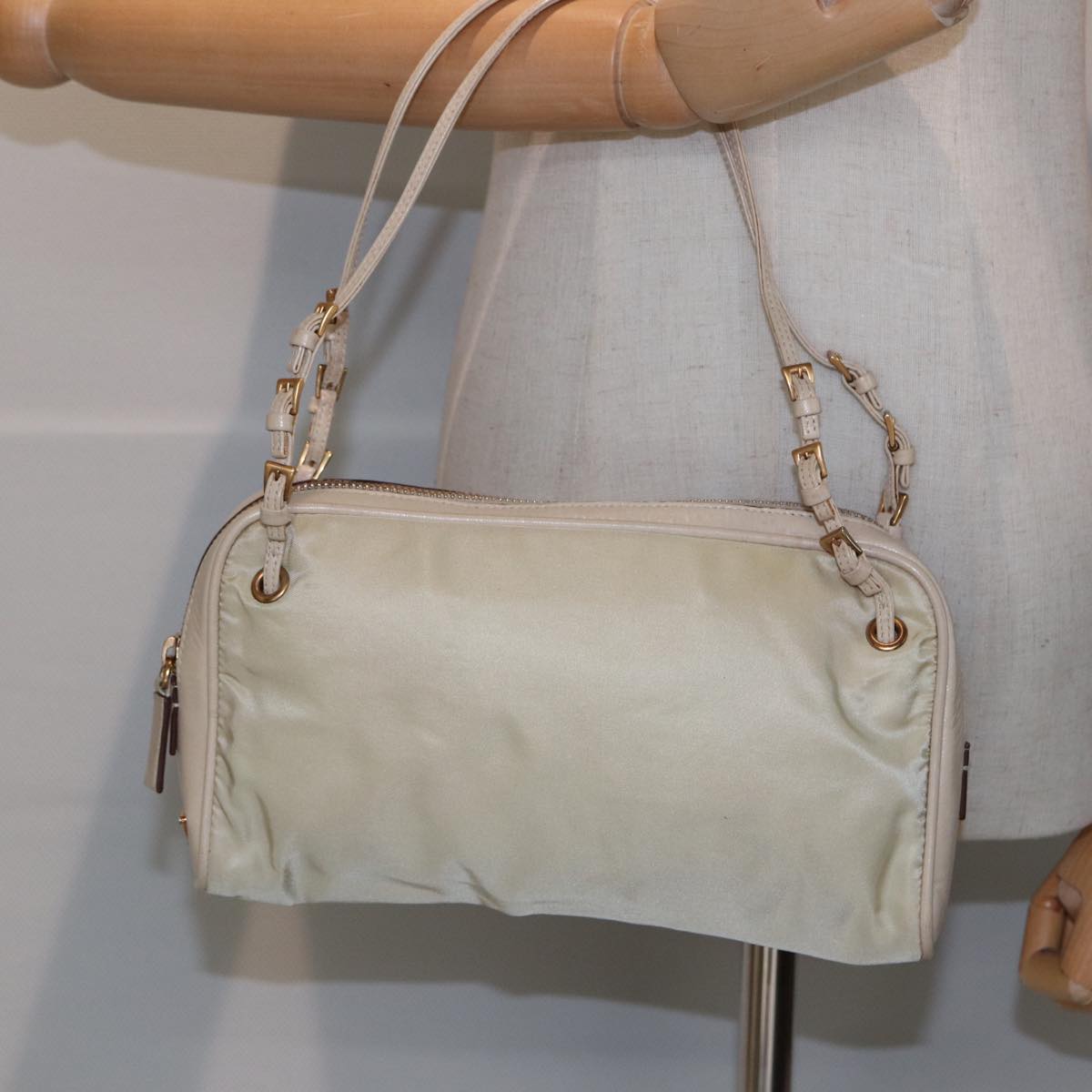 PRADA Hand Bag Nylon Beige Gold Auth ti1946