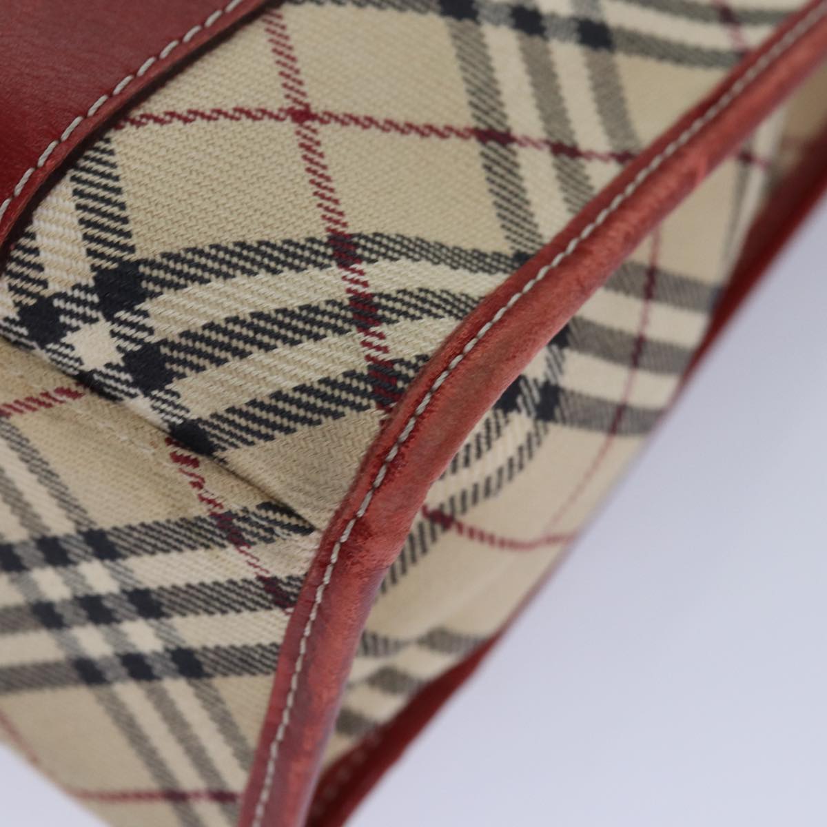 BURBERRY Nova Check Blue Label Hand Bag Canvas Beige Red Silver Auth ti1948