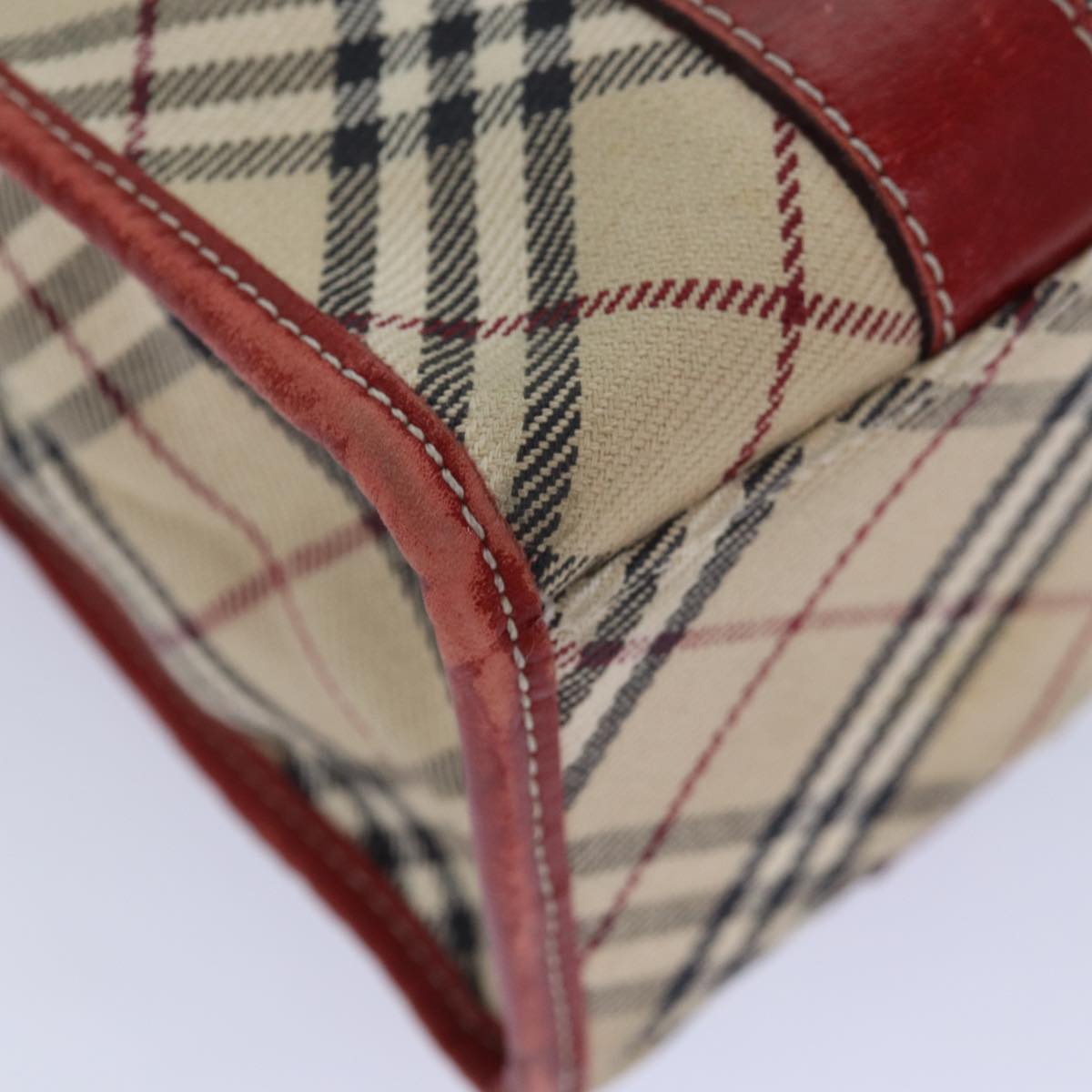 BURBERRY Nova Check Blue Label Hand Bag Canvas Beige Red Silver Auth ti1948