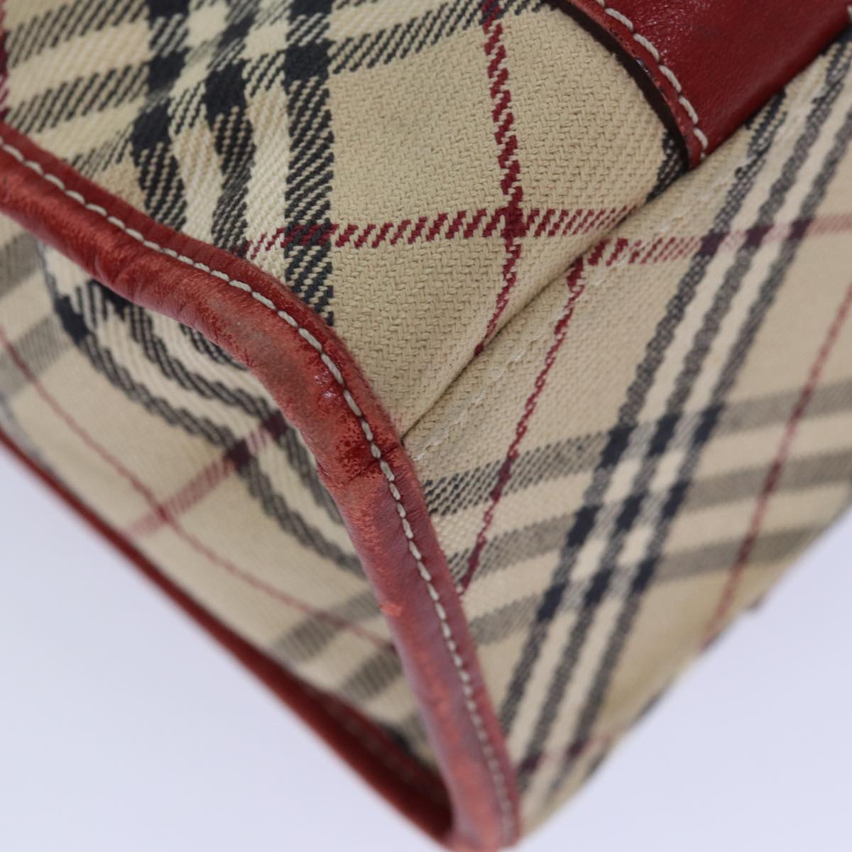 BURBERRY Nova Check Blue Label Hand Bag Canvas Beige Red Silver Auth ti1948