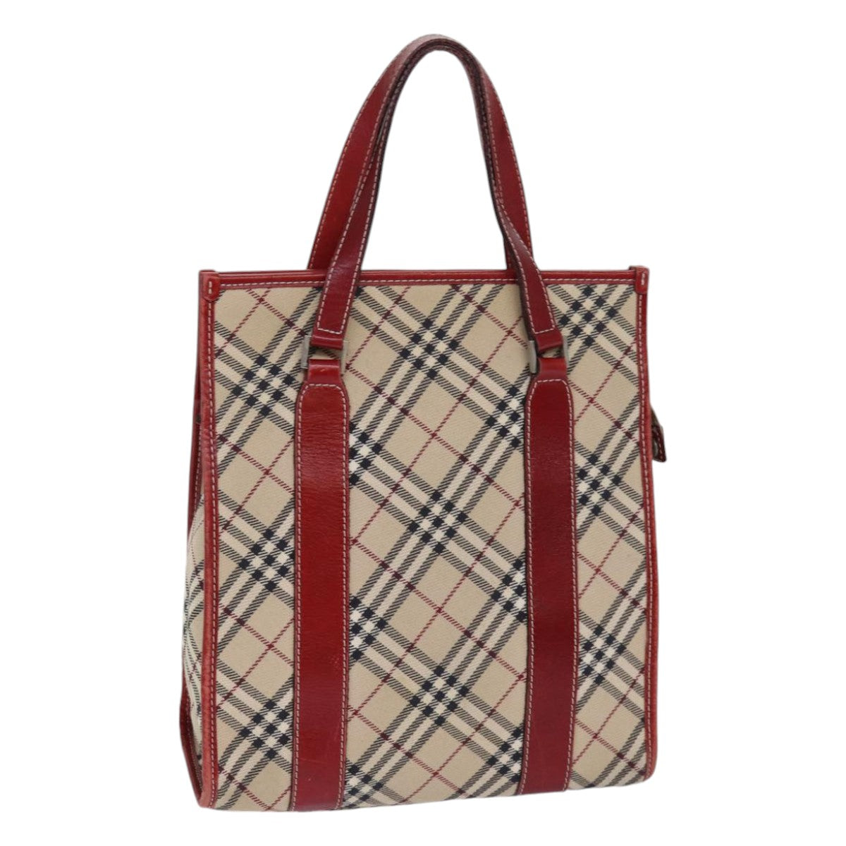 BURBERRY Nova Check Blue Label Hand Bag Canvas Beige Red Silver Auth ti1948