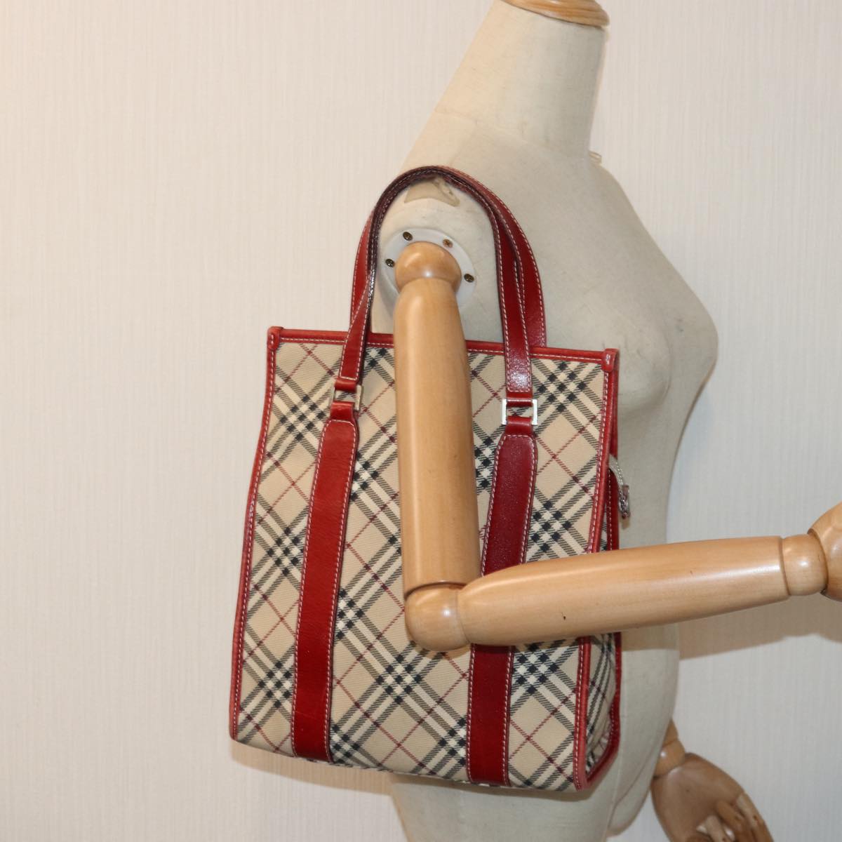 BURBERRY Nova Check Blue Label Hand Bag Canvas Beige Red Silver Auth ti1948