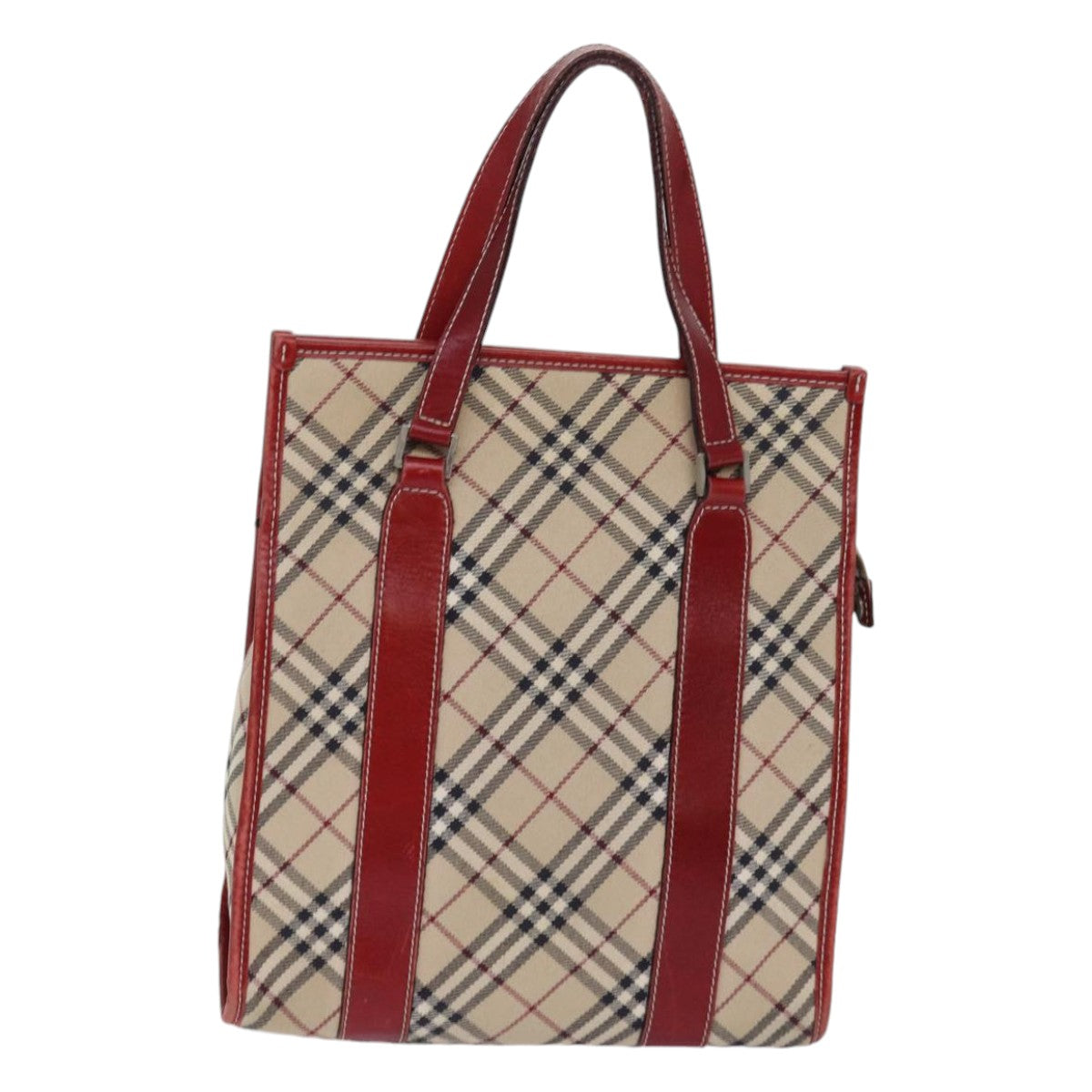 BURBERRY Nova Check Blue Label Hand Bag Canvas Beige Red Silver Auth ti1948