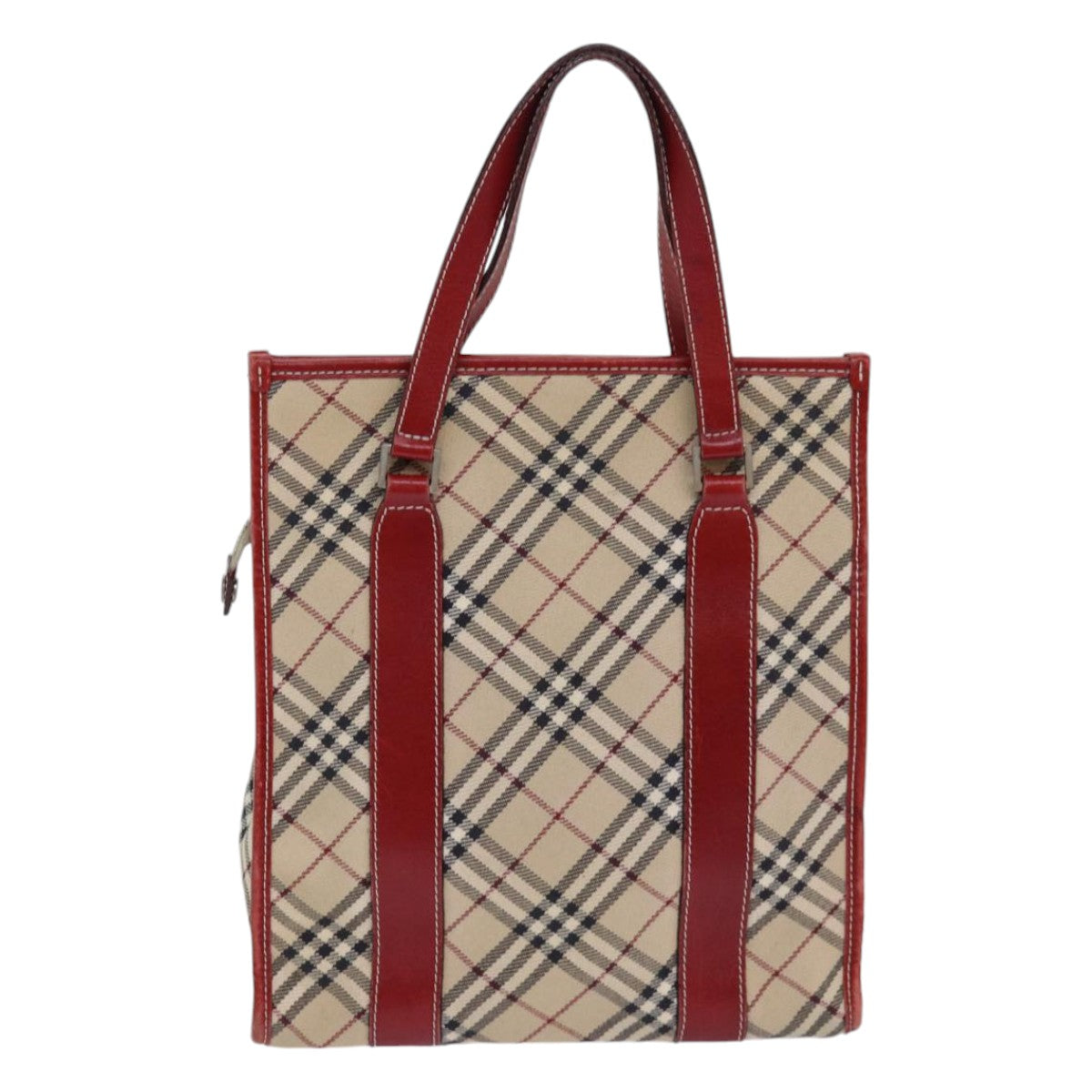 BURBERRY Nova Check Blue Label Hand Bag Canvas Beige Red Silver Auth ti1948