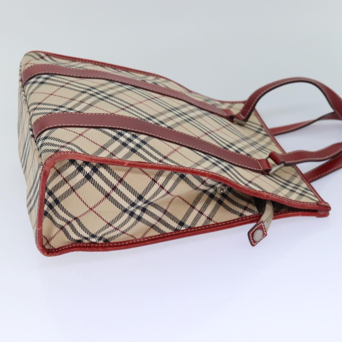 BURBERRY Nova Check Blue Label Hand Bag Canvas Beige Red Silver Auth ti1948