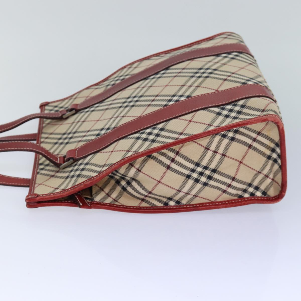 BURBERRY Nova Check Blue Label Hand Bag Canvas Beige Red Silver Auth ti1948