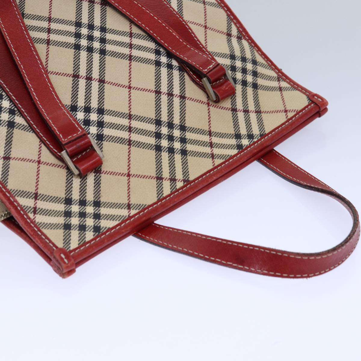 BURBERRY Nova Check Blue Label Hand Bag Canvas Beige Red Silver Auth ti1948