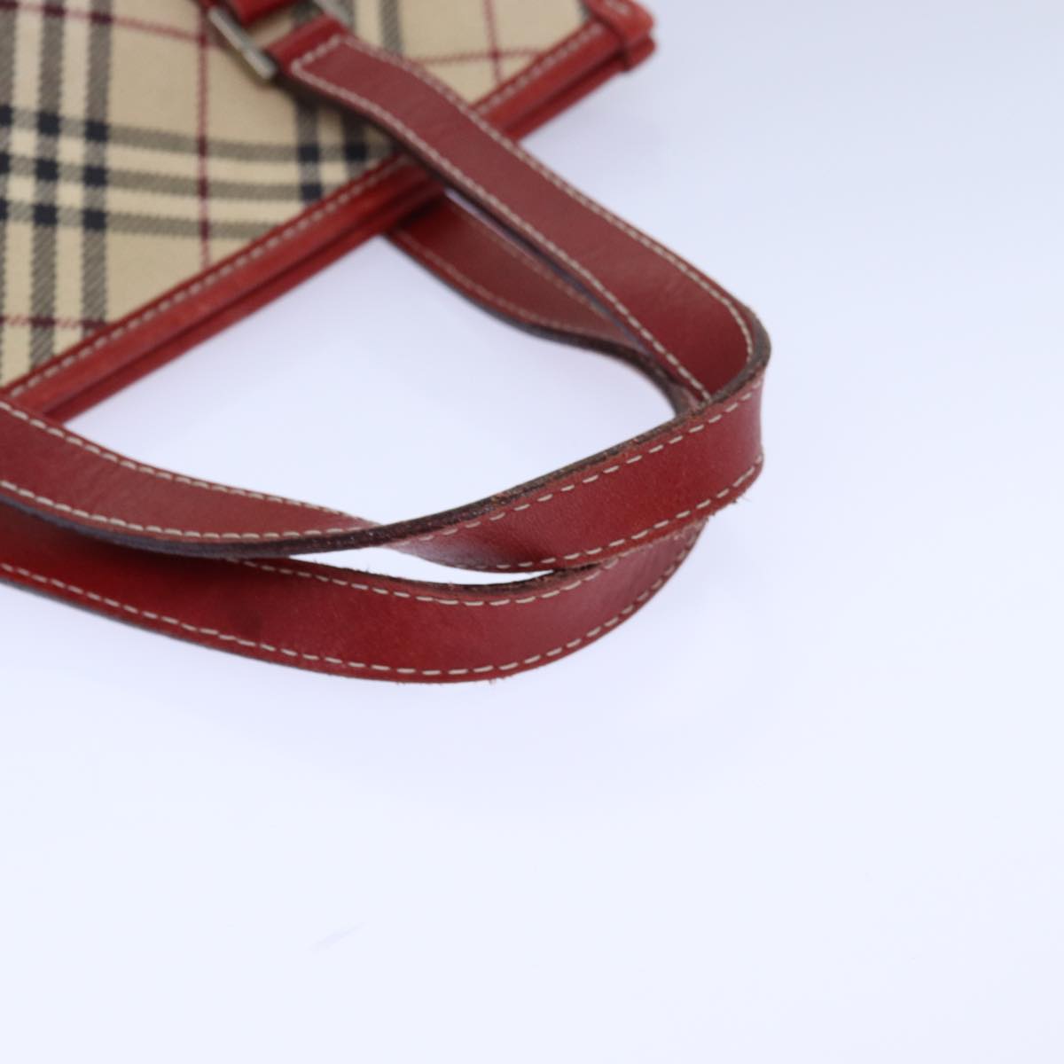 BURBERRY Nova Check Blue Label Hand Bag Canvas Beige Red Silver Auth ti1948