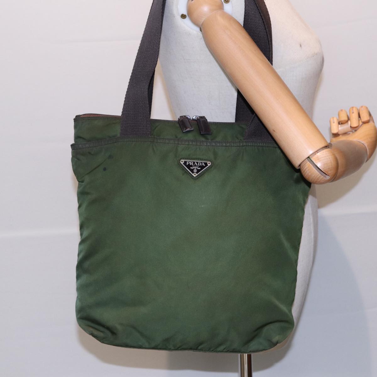 PRADA Tote Bag Nylon Khaki Brown Auth ti1953