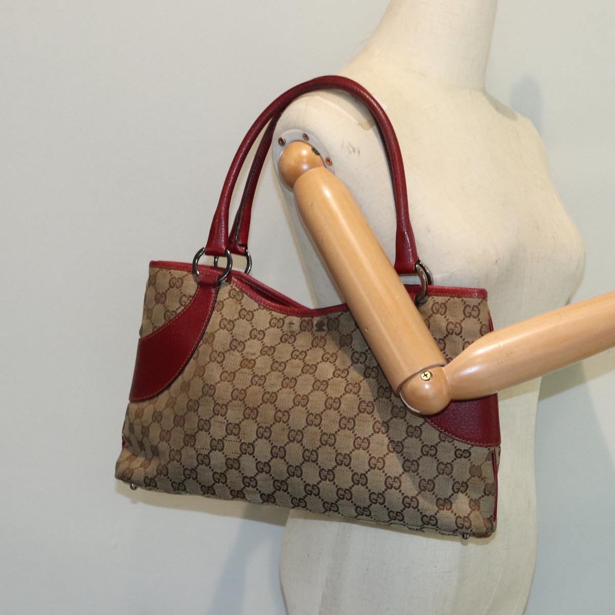 GUCCI GG Canvas Tote Bag Beige Red 113015 Auth ti1957