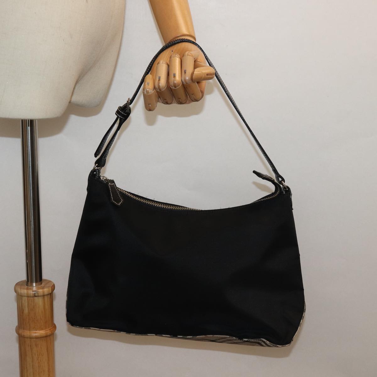 BURBERRY Blue Label Hand Bag Nylon Black Silver Auth ti1958