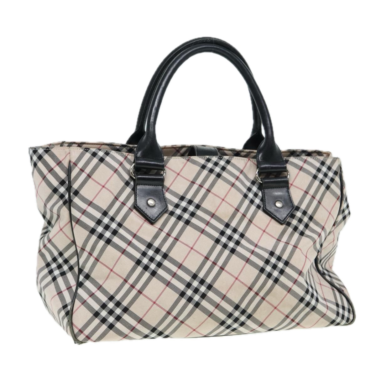 BURBERRY Nova Check Blue Label Hand Bag Nylon Beige Black Silver Auth ti1959