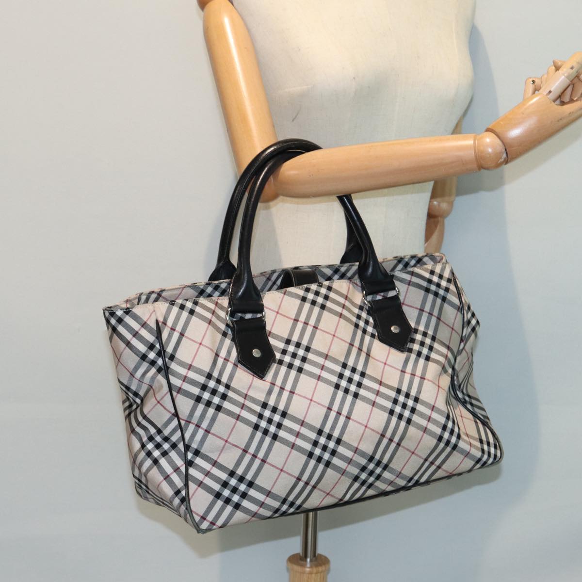 BURBERRY Nova Check Blue Label Hand Bag Nylon Beige Black Silver Auth ti1959