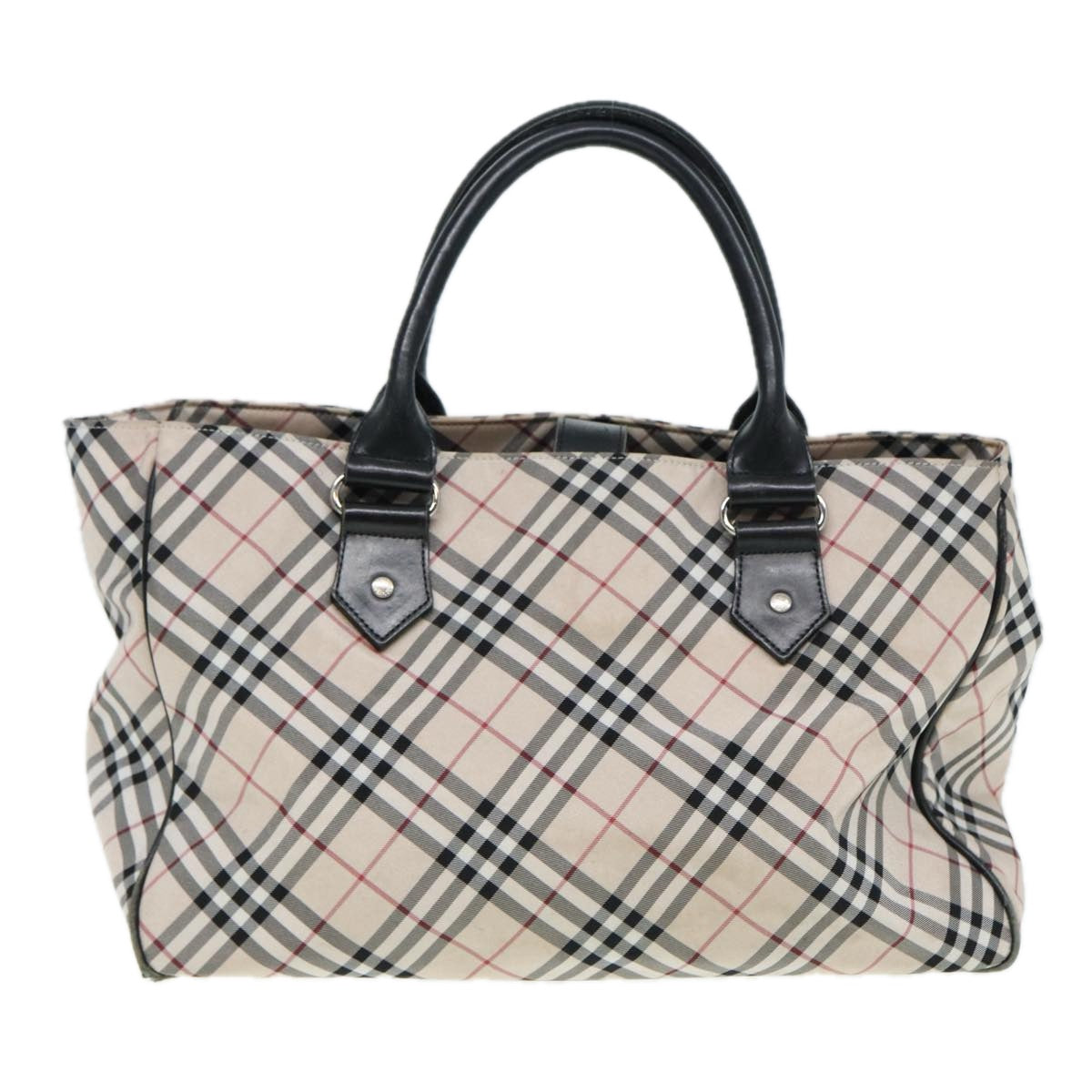 BURBERRY Nova Check Blue Label Hand Bag Nylon Beige Black Silver Auth ti1959