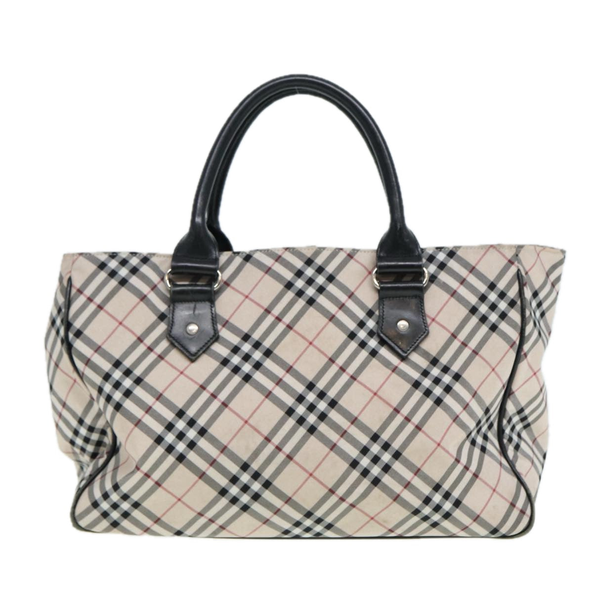 BURBERRY Nova Check Blue Label Hand Bag Nylon Beige Black Silver Auth ti1959 - 0