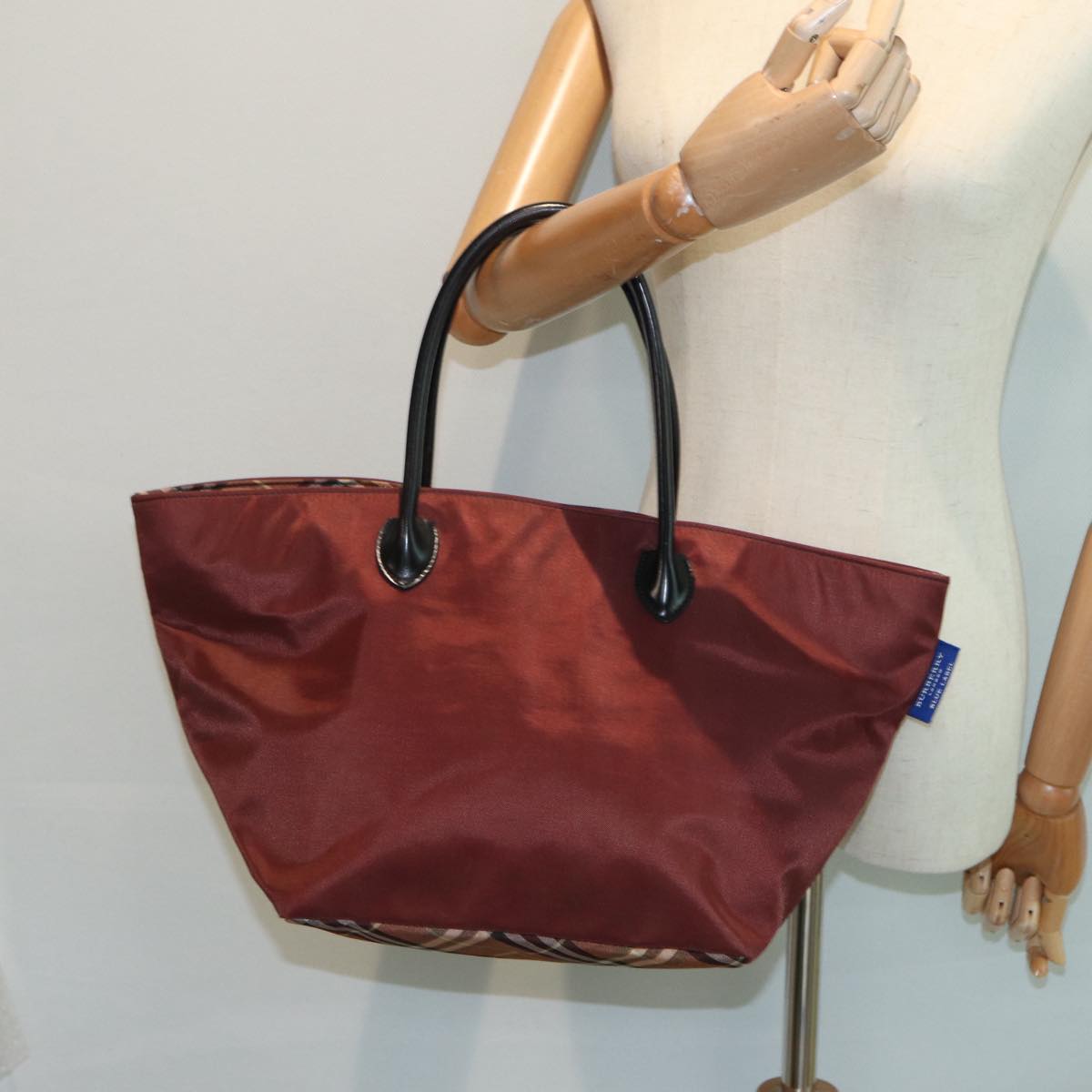 BURBERRY Nova Check Blue Label Hand Bag Nylon Wine Red Black Auth ti1967