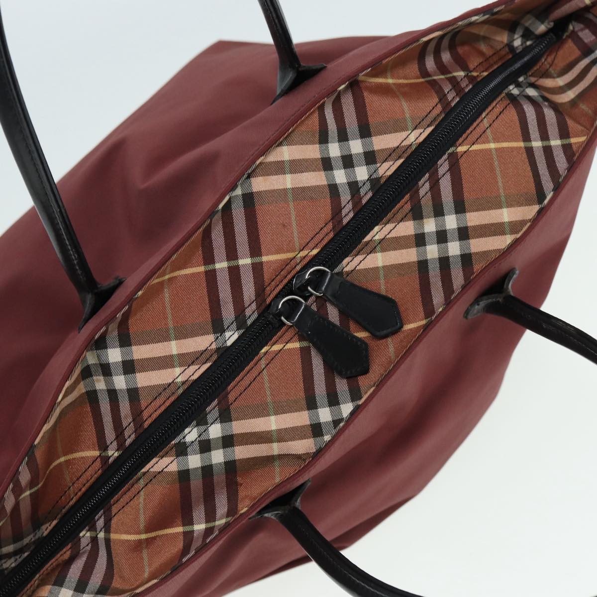 BURBERRY Nova Check Blue Label Hand Bag Nylon Wine Red Black Auth ti1967