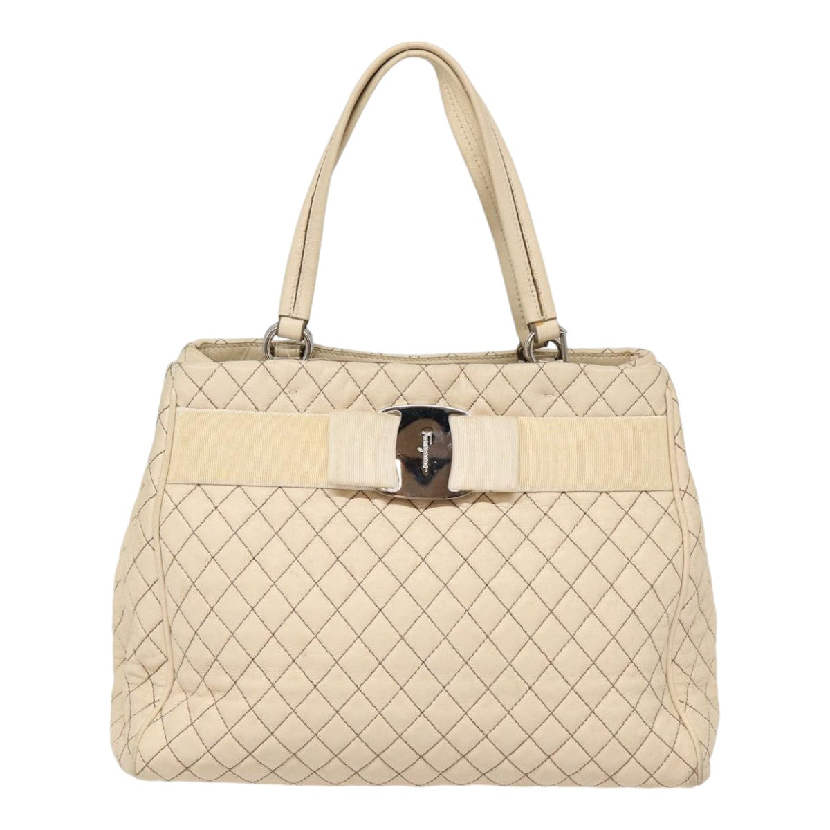 Salvatore Ferragamo Hand Bag Leather Beige Silver Auth ti2009 - 0