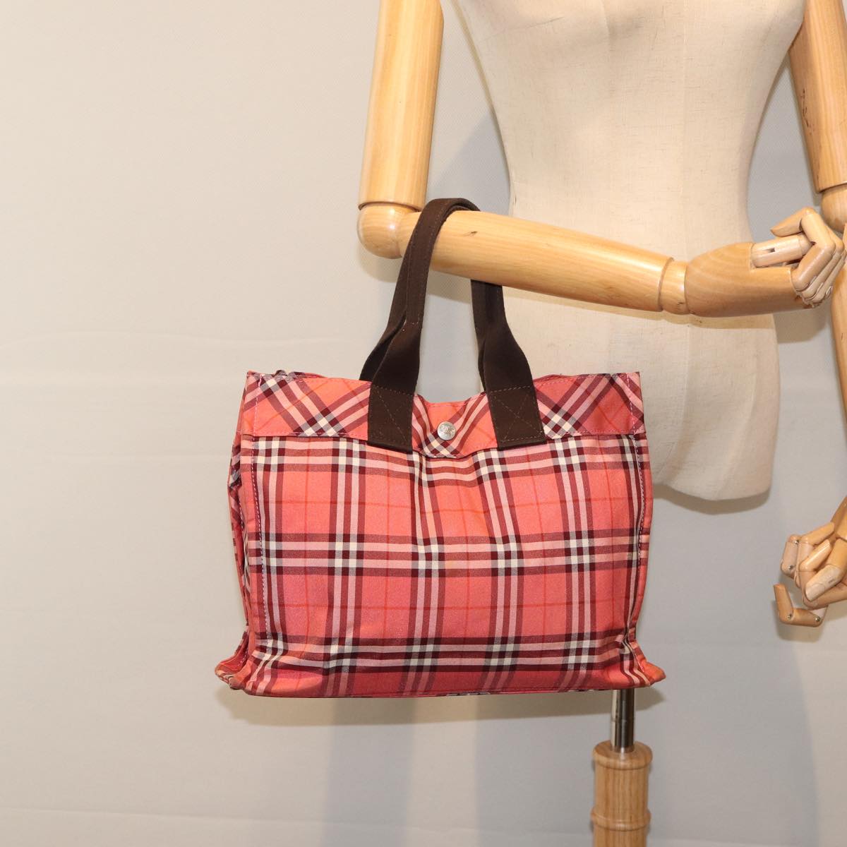 BURBERRY Nova Check Blue Label Hand Bag Nylon Red Silver Auth ti2014