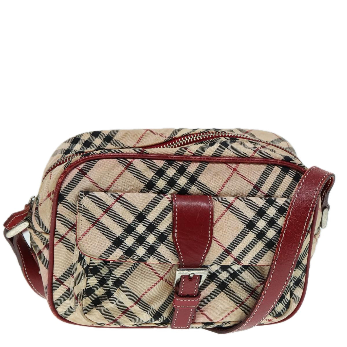 BURBERRY Nova Check Blue Label Shoulder Bag Nylon Beige Red Silver Auth ti2034