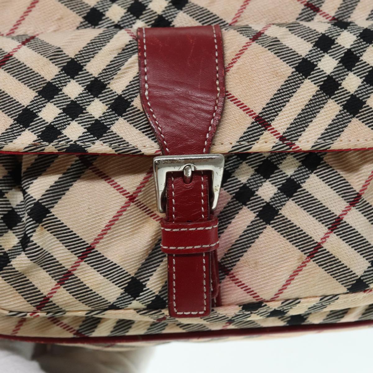 BURBERRY Nova Check Blue Label Shoulder Bag Nylon Beige Red Silver Auth ti2034