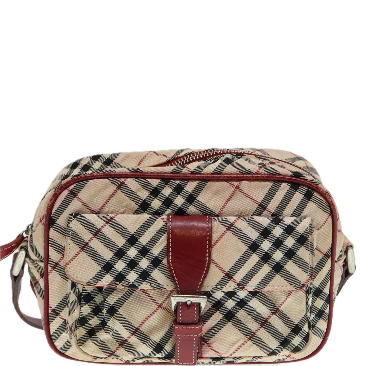 BURBERRY Nova Check Blue Label Shoulder Bag Nylon Beige Red Silver Auth ti2034