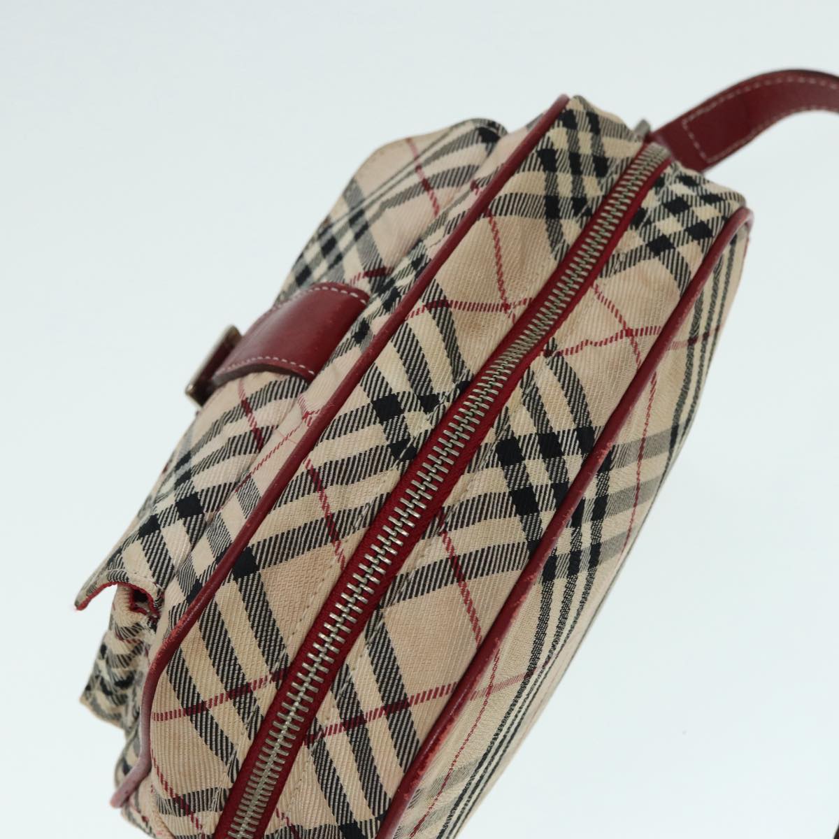 BURBERRY Nova Check Blue Label Shoulder Bag Nylon Beige Red Silver Auth ti2034