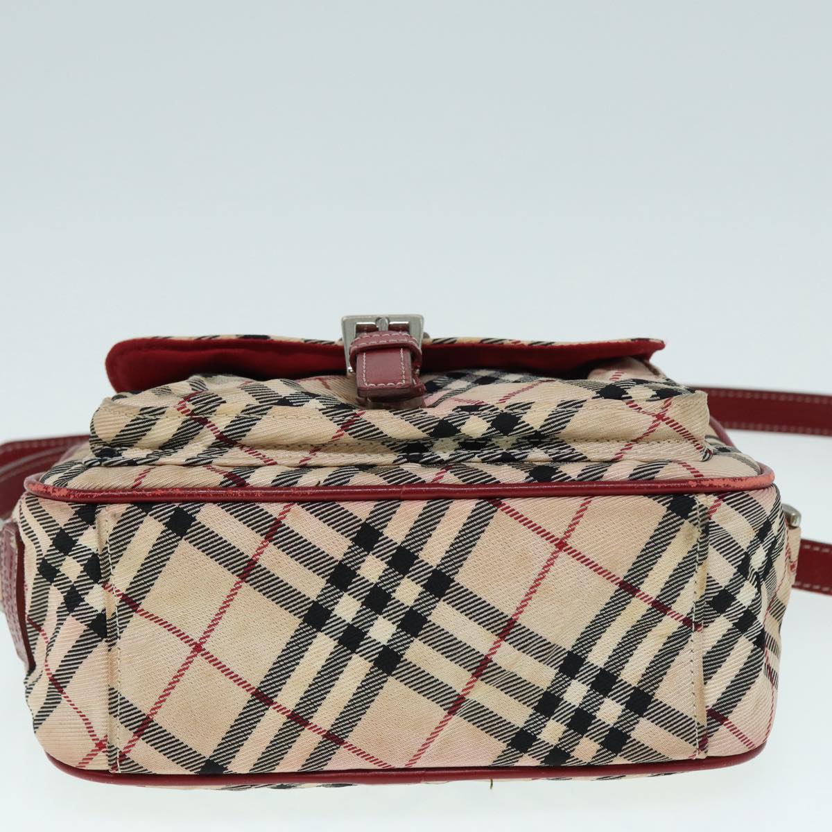 BURBERRY Nova Check Blue Label Shoulder Bag Nylon Beige Red Silver Auth ti2034