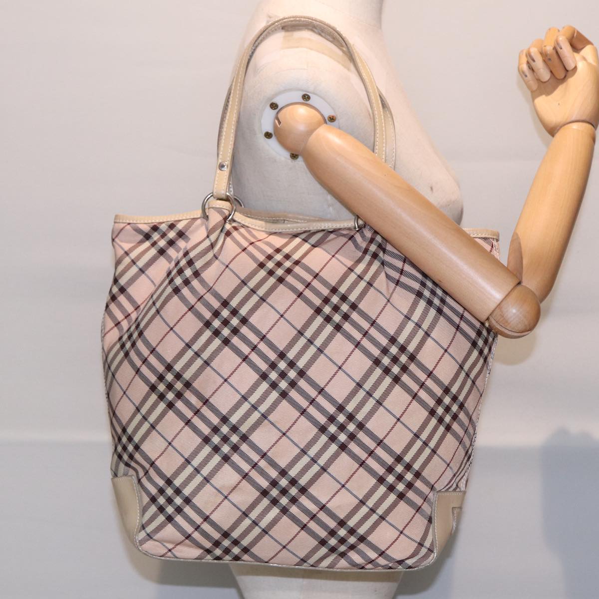 BURBERRY Nova Check Blue Label Tote Bag Nylon Beige Pink Silver Auth ti2039