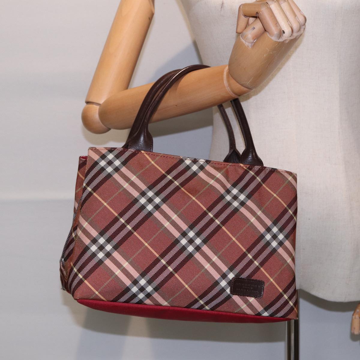 BURBERRY Nova Check Blue Label Hand Bag Nylon Brown Auth ti2040