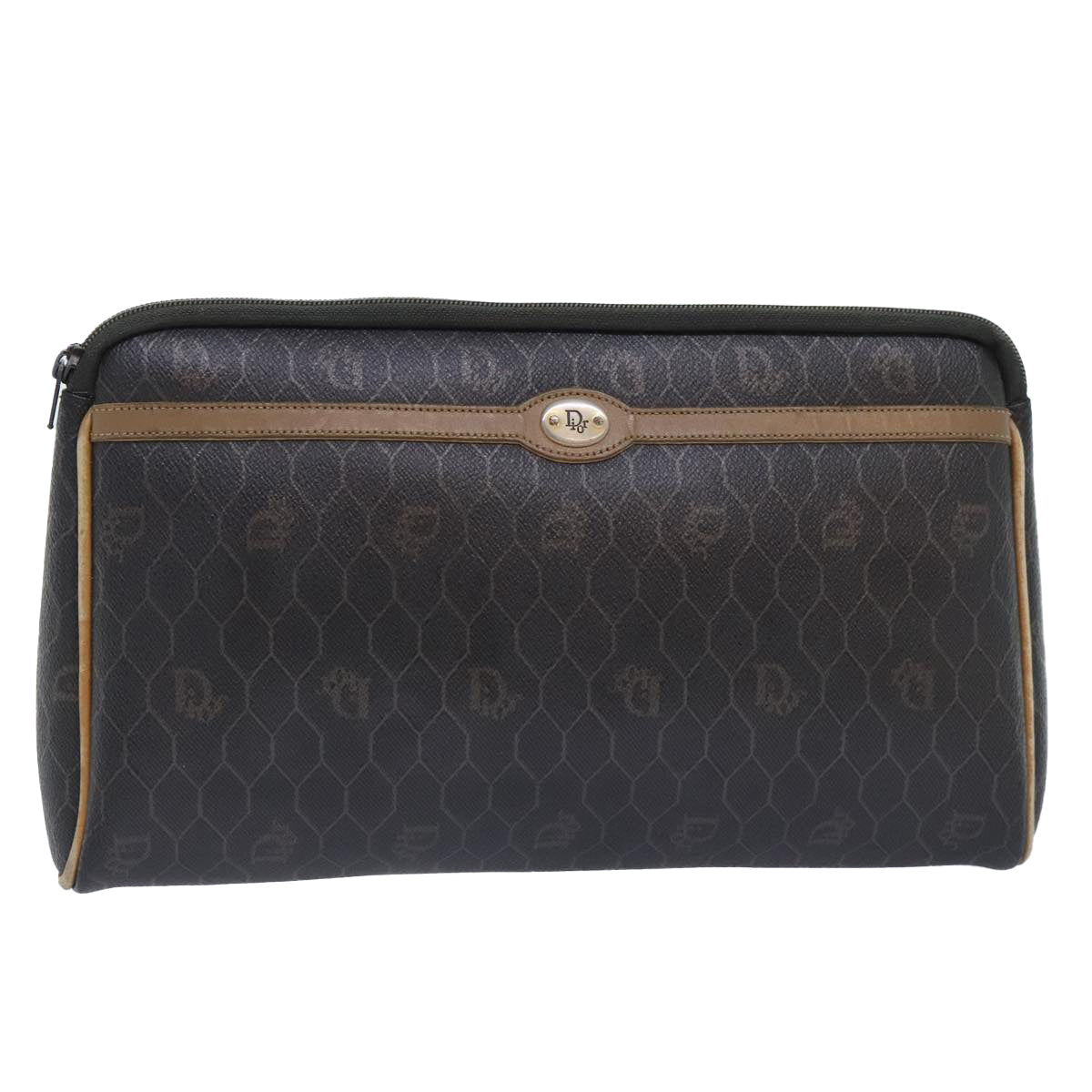 Christian Dior Honeycomb Canvas Clutch Bag PVC Leather Black Gold Auth ti2065