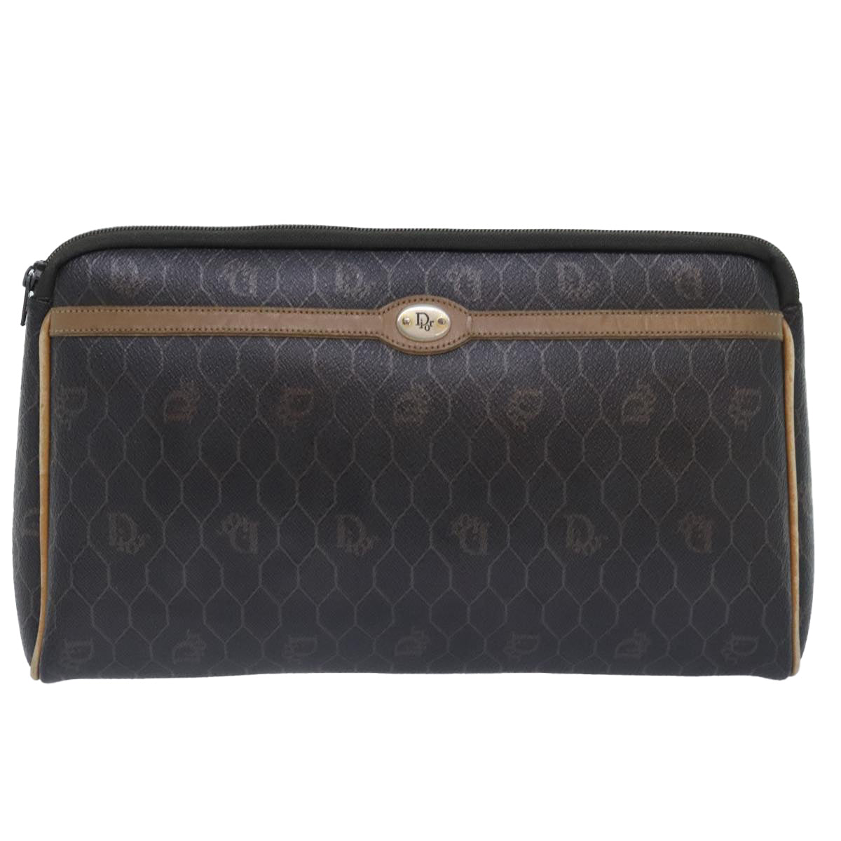 Christian Dior Honeycomb Canvas Clutch Bag PVC Leather Black Gold Auth ti2065