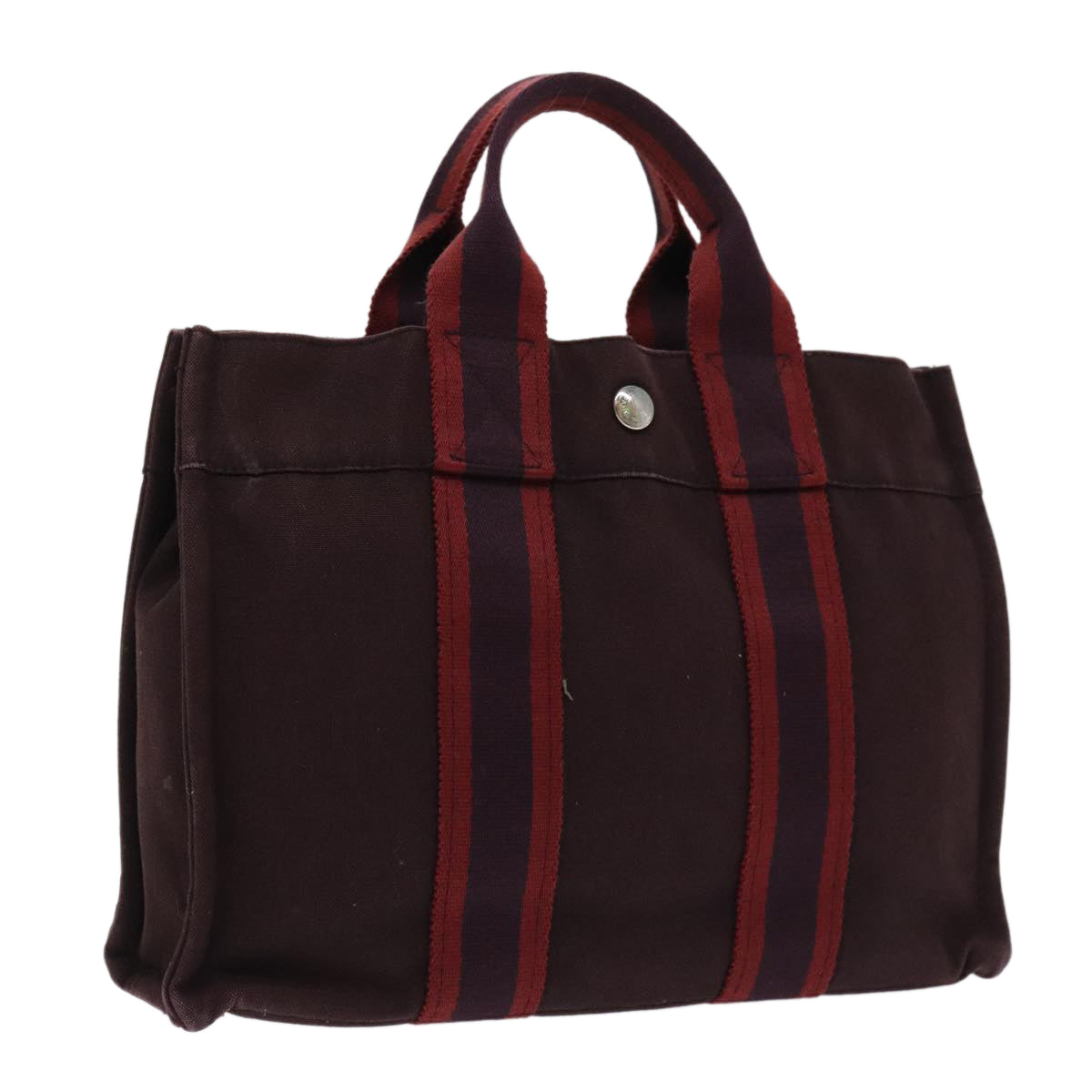 HERMES Fourre Tout PM Hand Bag Canvas Wine Red Silver Auth ti2088