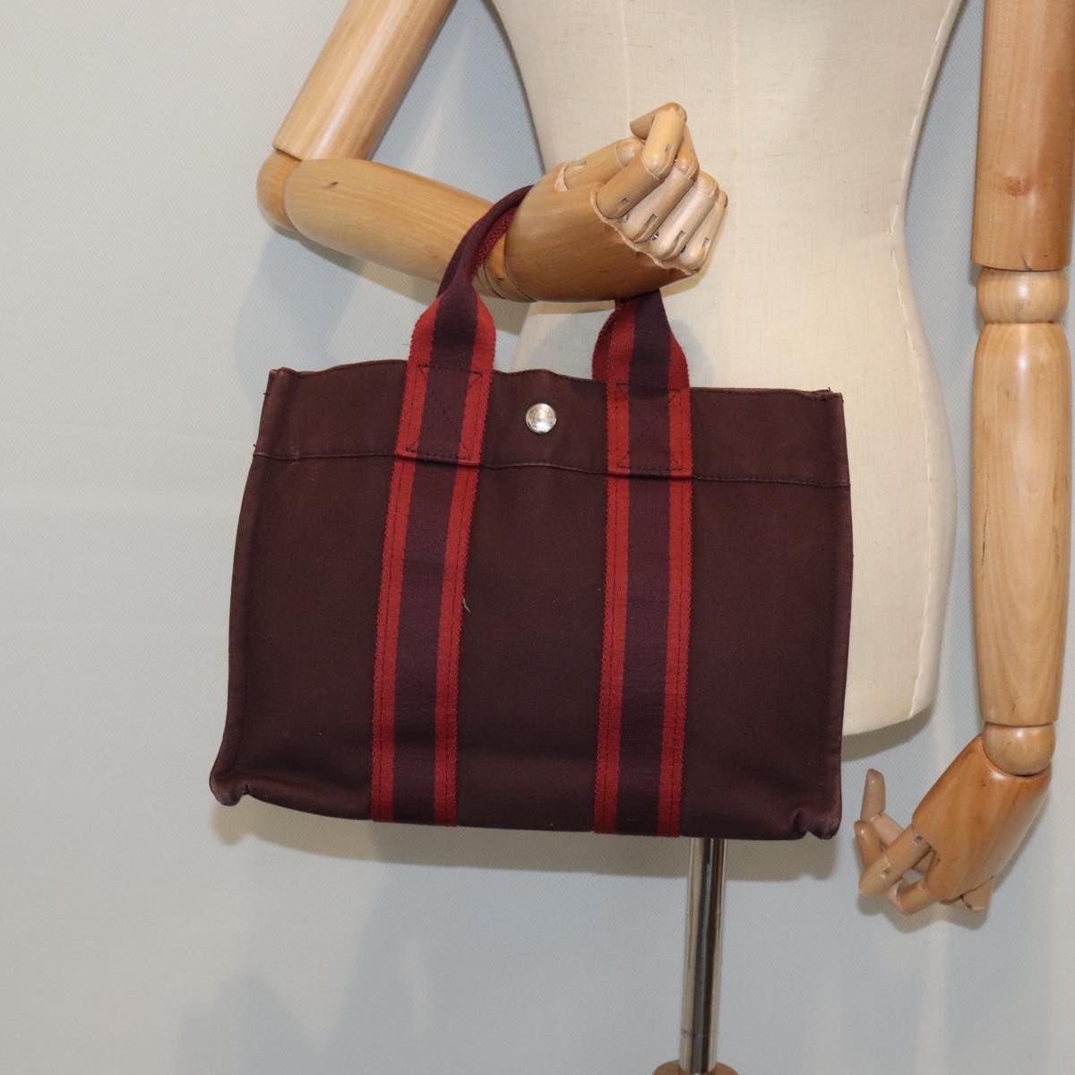 HERMES Fourre Tout PM Hand Bag Canvas Wine Red Silver Auth ti2088