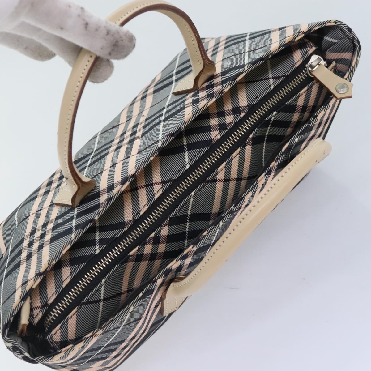 BURBERRY Nova Check Blue Label Hand Bag Nylon Gray Pink Auth ti2109