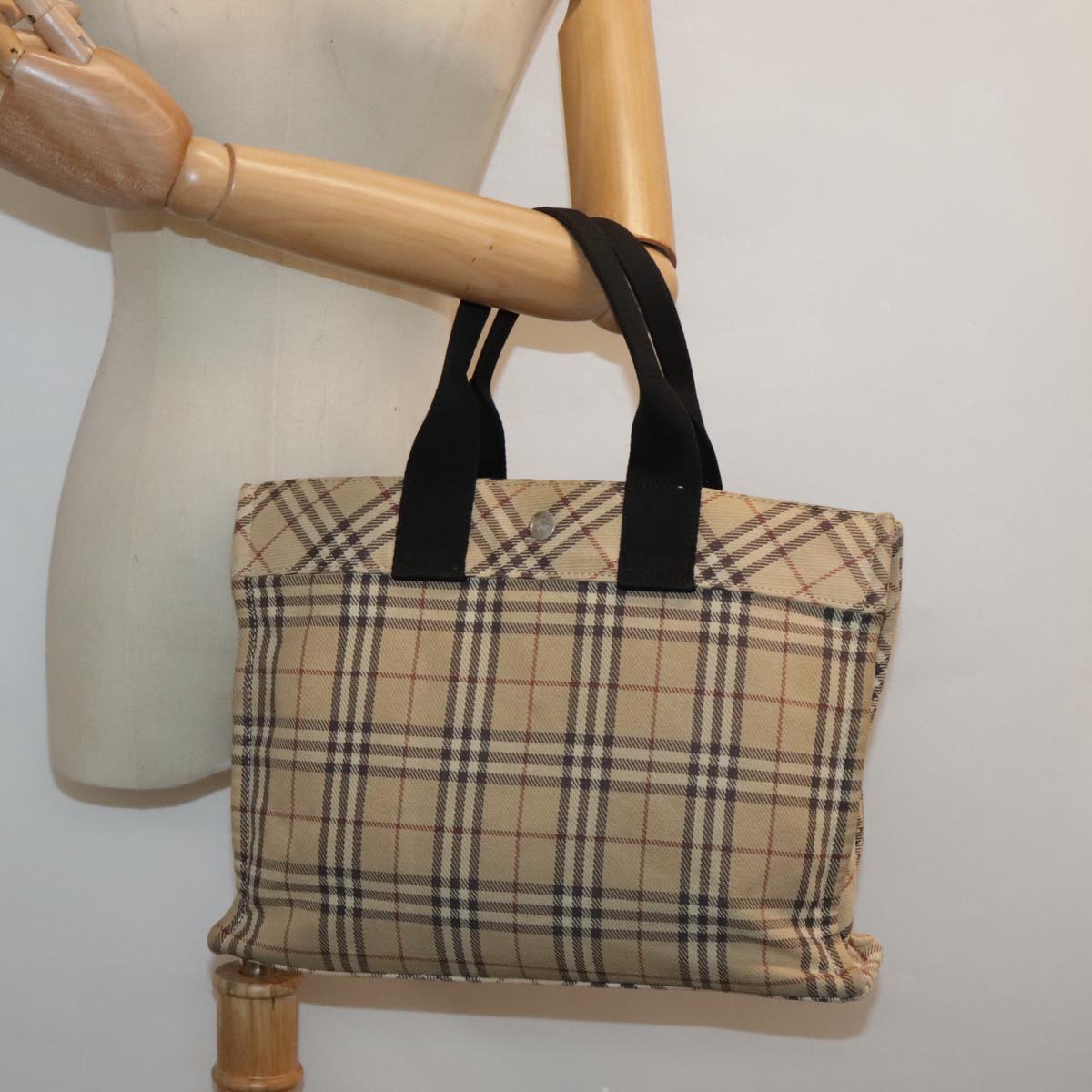 BURBERRY Nova Check Blue Label Tote Bag Canvas Beige Black Silver Auth ti2114