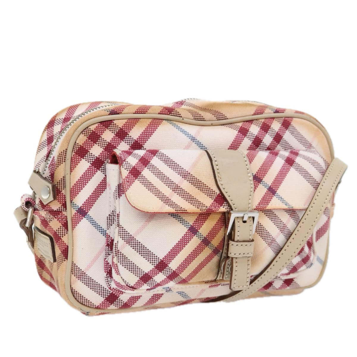 BURBERRY Nova Check Blue Label Shoulder Bag Canvas White Red Auth ti2120